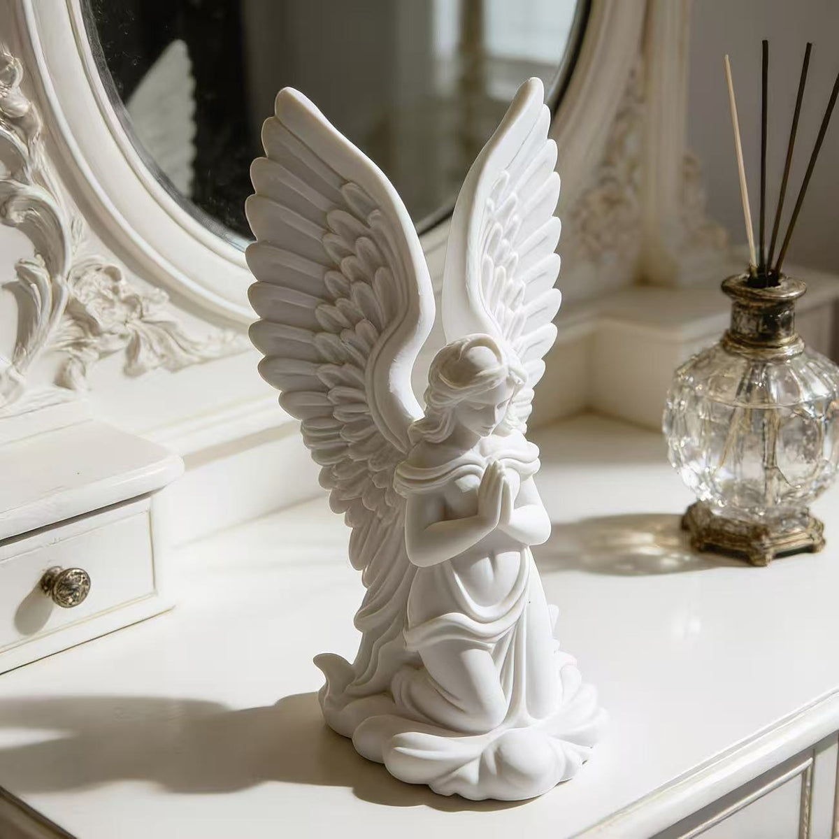 Praying Angel Desk Figurine, Cherub Sculpture in White or Black for Shelves, Workspaces and Thoughtful Gifts