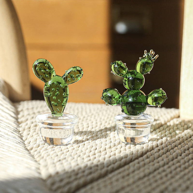 Mini Glass Cactus Figurine, Colorful Botanical Tabletop Accent for Desks, Shelves and Sunny Little Corners