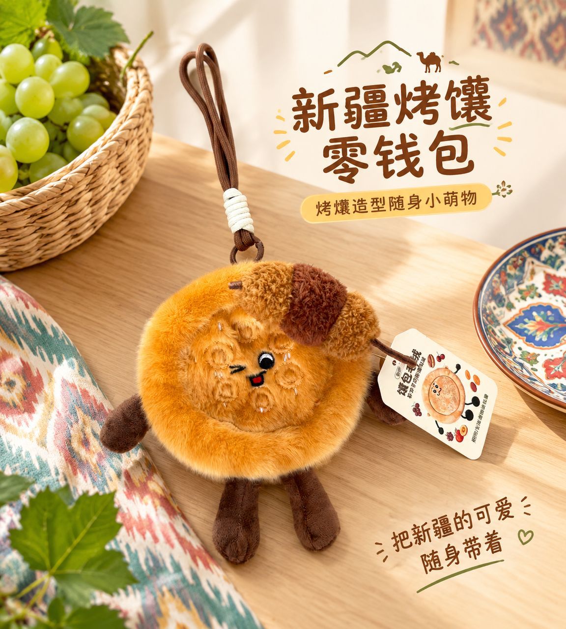 Xinjiang Naan Bread Plush Coin Purse, 12 cm Smiling Food Charm Bag with Four Playful Designs