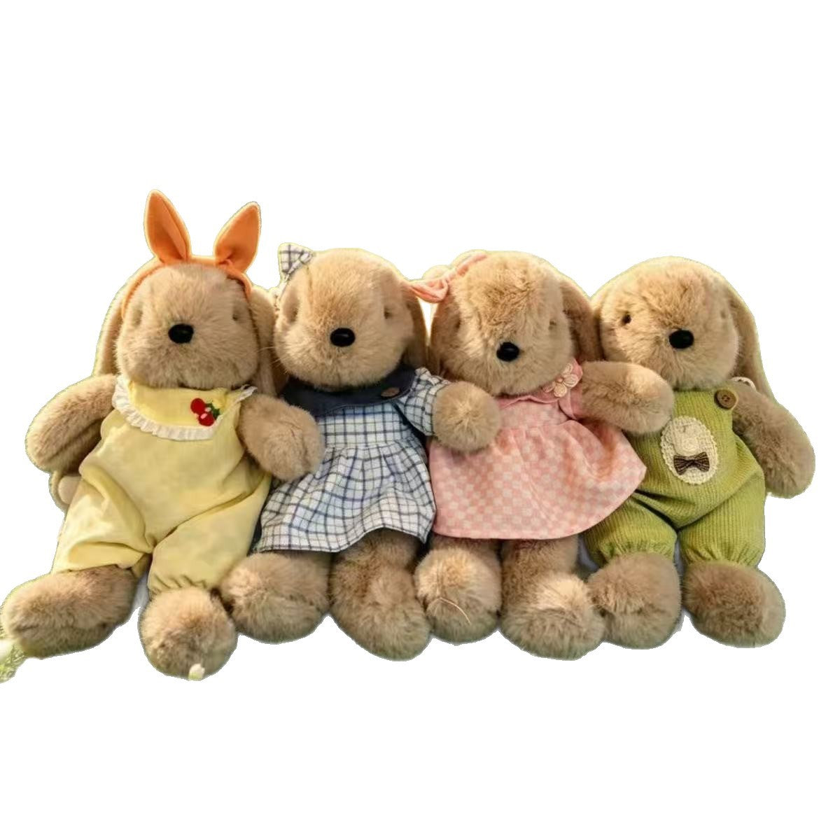 Dress-Up Bunny Plush Toy, 25 or 30 cm Soft Rabbit in Pink Dress, Blue Checks or Playful Overalls for Cozy Gifts