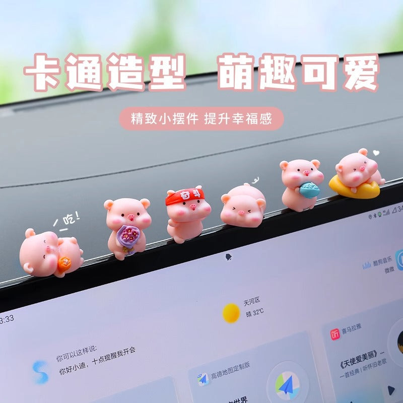 Playful Mini Pig Dashboard Figurines, 8-Piece Good Luck Car Accent Set in Determined or Happy Style for Desks and Gifts