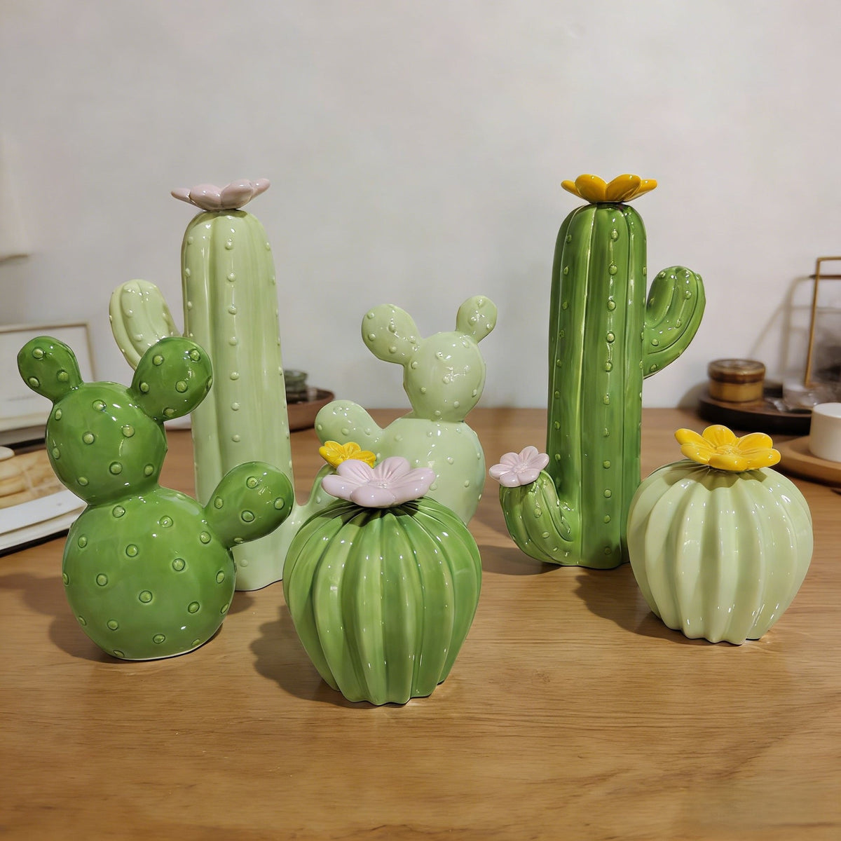 Ceramic Cactus Figurine, Sculptural Green Tabletop Ornament in Three Sizes for Desks, Shelves and Cozy Home Decor