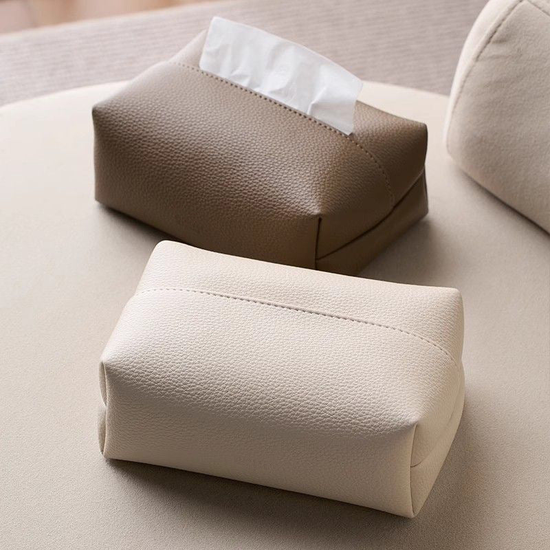 Four Piece Leather Look Tissue Box Cover Set in Cream White Dove Gray Black and Caramel Brown for Living Rooms and Desks