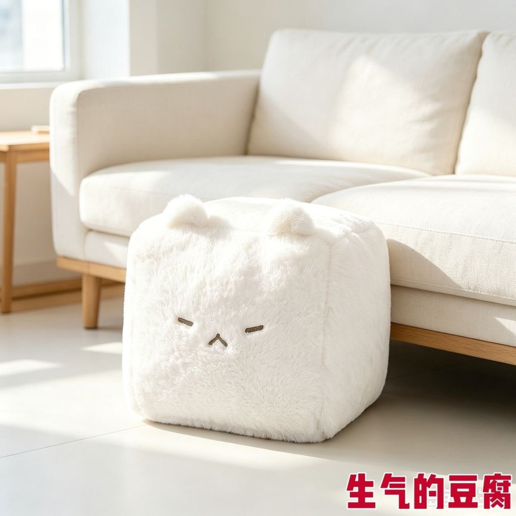 Square Cat Plush Cushion, 18 x 18 cm Soft Tofu-Inspired Cube Cat in White, Yellow or Blue for Cozy Bedrooms, Desks and Gifts