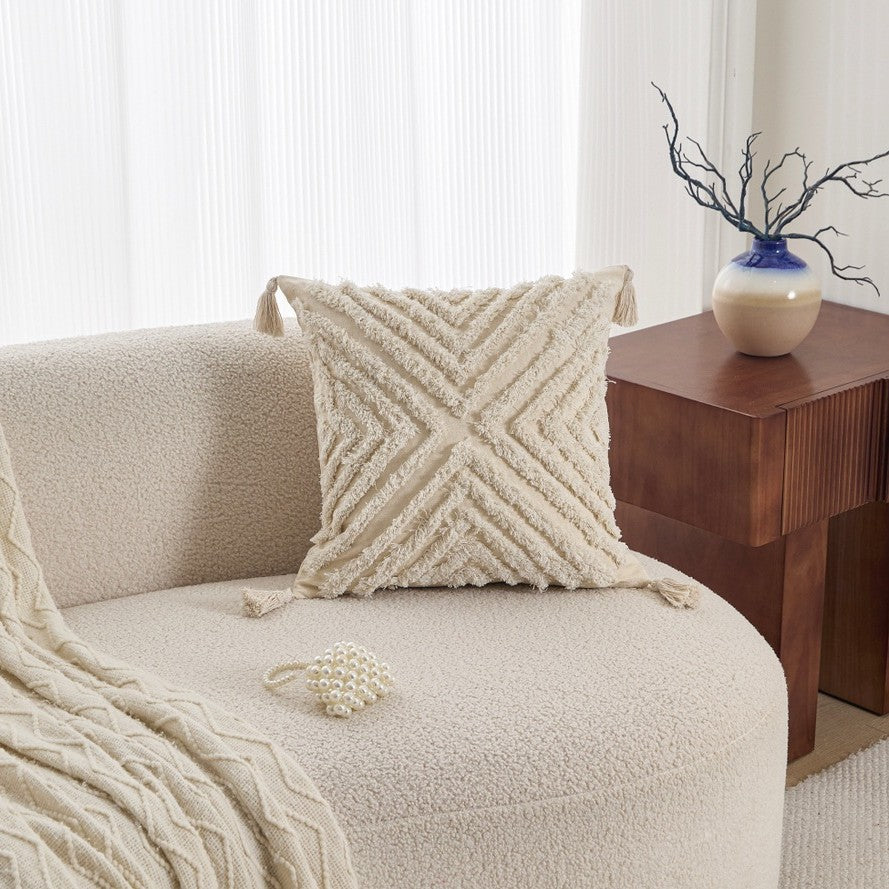Neutral Tufted Pillow Cover, Textured 45 x 45 cm Cushion Case with Leaf, Wave and Tassel Designs for Cozy Sofas
