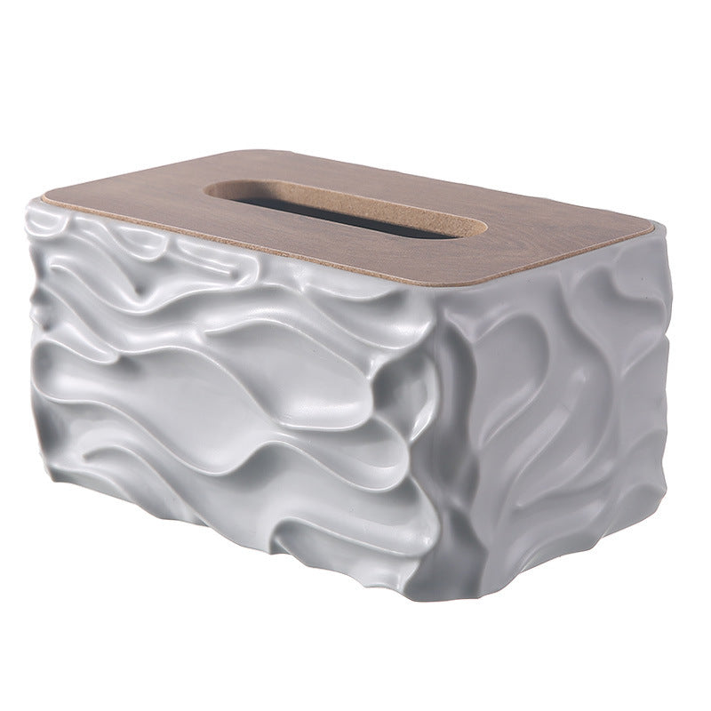 Decorative Tissue Box Cover with Wood-Look Lid, Quilted, Wave, Floral or Rounded Styles in Beige, White, Olive Green and Gray