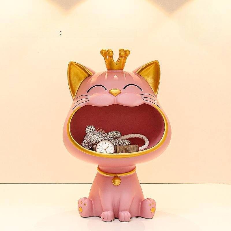 Crowned Cat Catchall Figurine, Playful Open Mouth Jewelry and Key Holder in Four Colors for Desks, Entryways and Gifts