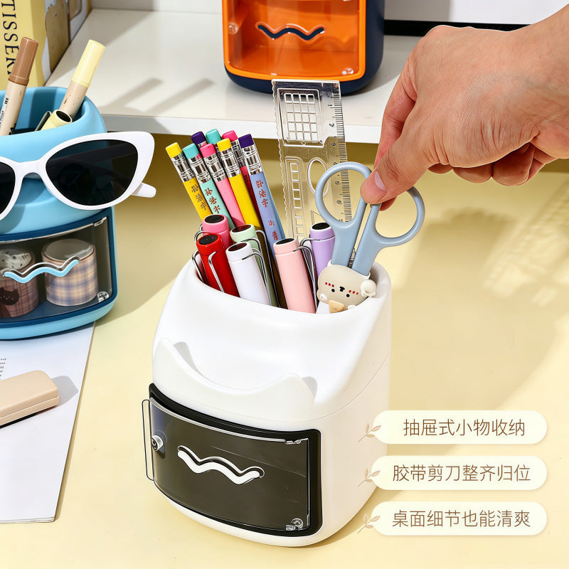 Color Block Mini Drawer Pen Holder, Compact Desk Organizer with Pull-Out Drawer in Light Blue, White or Navy