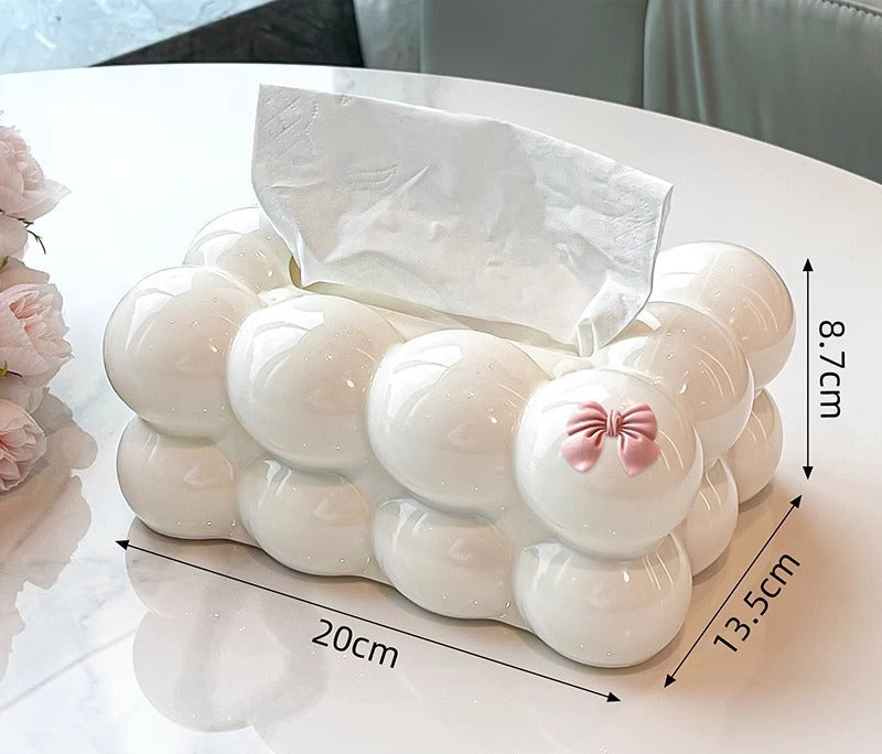White Cloud Tissue Box Cover with Bow, Bunny Accent or Inner Spring Detail, Playful Tabletop Tissue Holder for Cozy Living Rooms and Desks