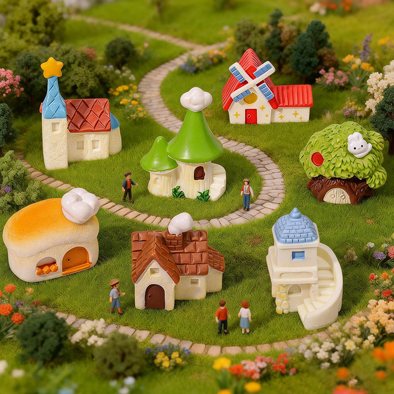 Whimsical Miniature Cottages, Complete 9 Piece Village House Set for Fairy Gardens, Dollhouse Landscapes and Desk Displays