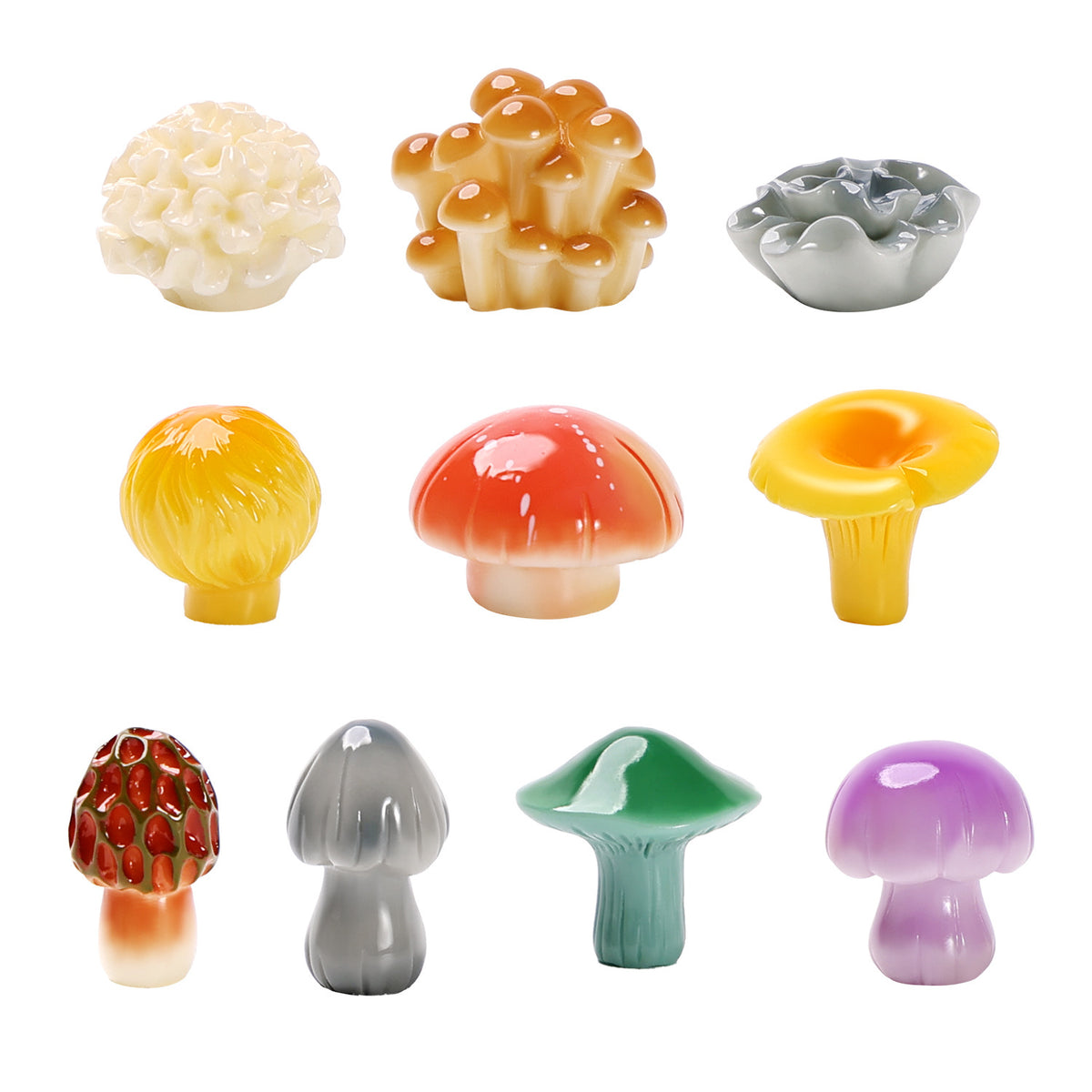Mini Mushroom Figurine Set of 10, Colorful Woodland Micro Ornaments for Desk Displays, Tiny Garden Scenes and DIY Decor