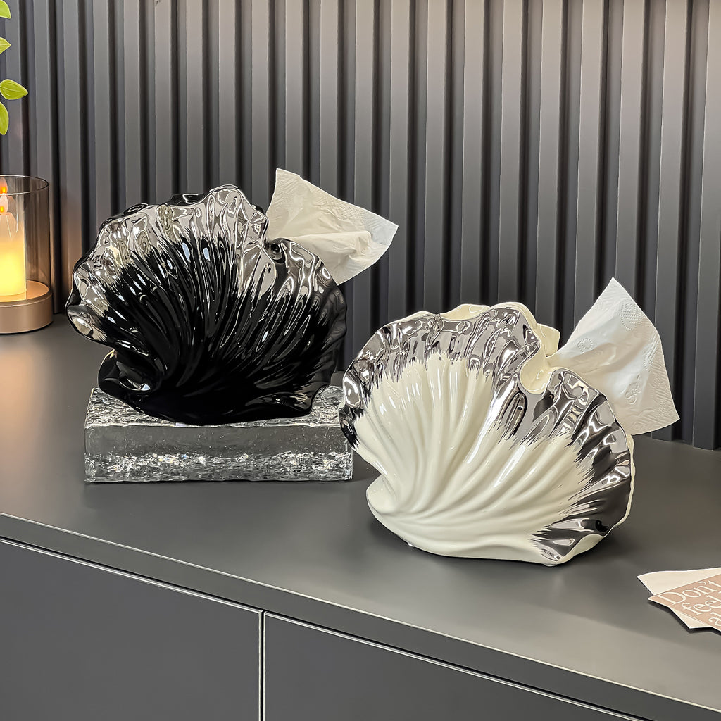 Sculptural Shell Tissue Box Cover, Ceramic-Inspired Seashell Tabletop Holder in Cream, Black or Iridescent for Elegant Home Decor