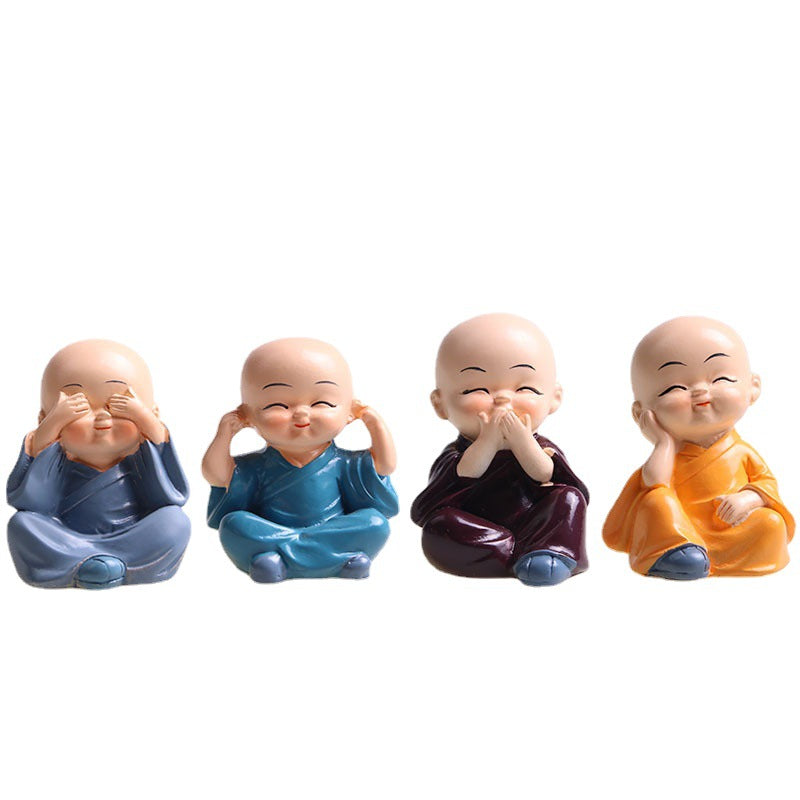 Four Little Monk Car Accent Figurines, Resin Dashboard Decor Set for Peaceful Daily Drives and Thoughtful Gifts