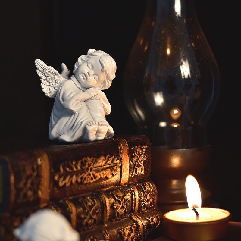 Praying Cherub Angel Figurine, White Vintage-Inspired Desk Sculpture in 16 Poses for Shelves and Thoughtful Gifts