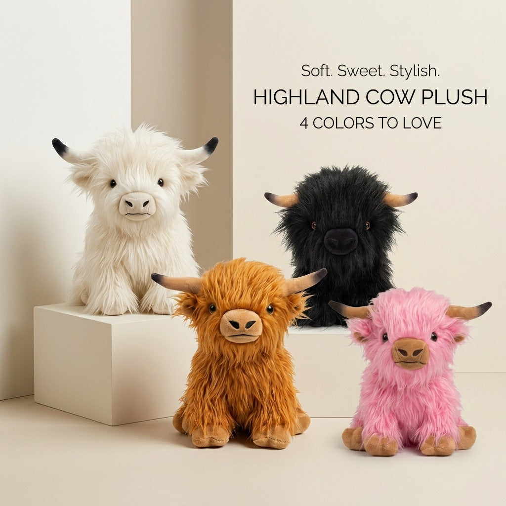 Highland Cow Plush Toy, 25 cm Shaggy Stuffed Animal in Khaki, Black, White or Pink for Cozy Gifts