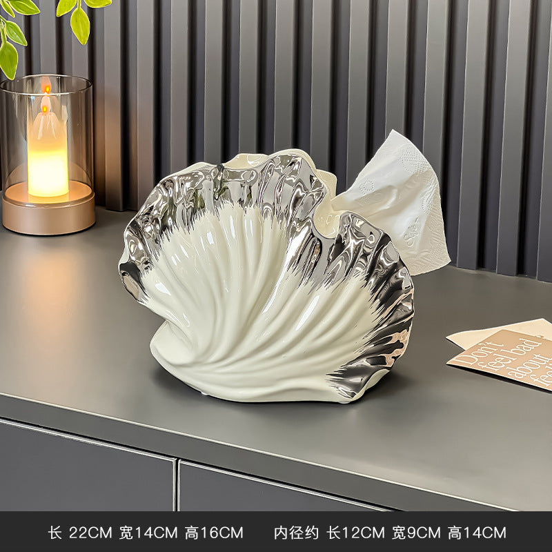Sculptural Shell Tissue Box Cover, Ceramic-Inspired Seashell Tabletop Holder in Cream, Black or Iridescent for Elegant Home Decor