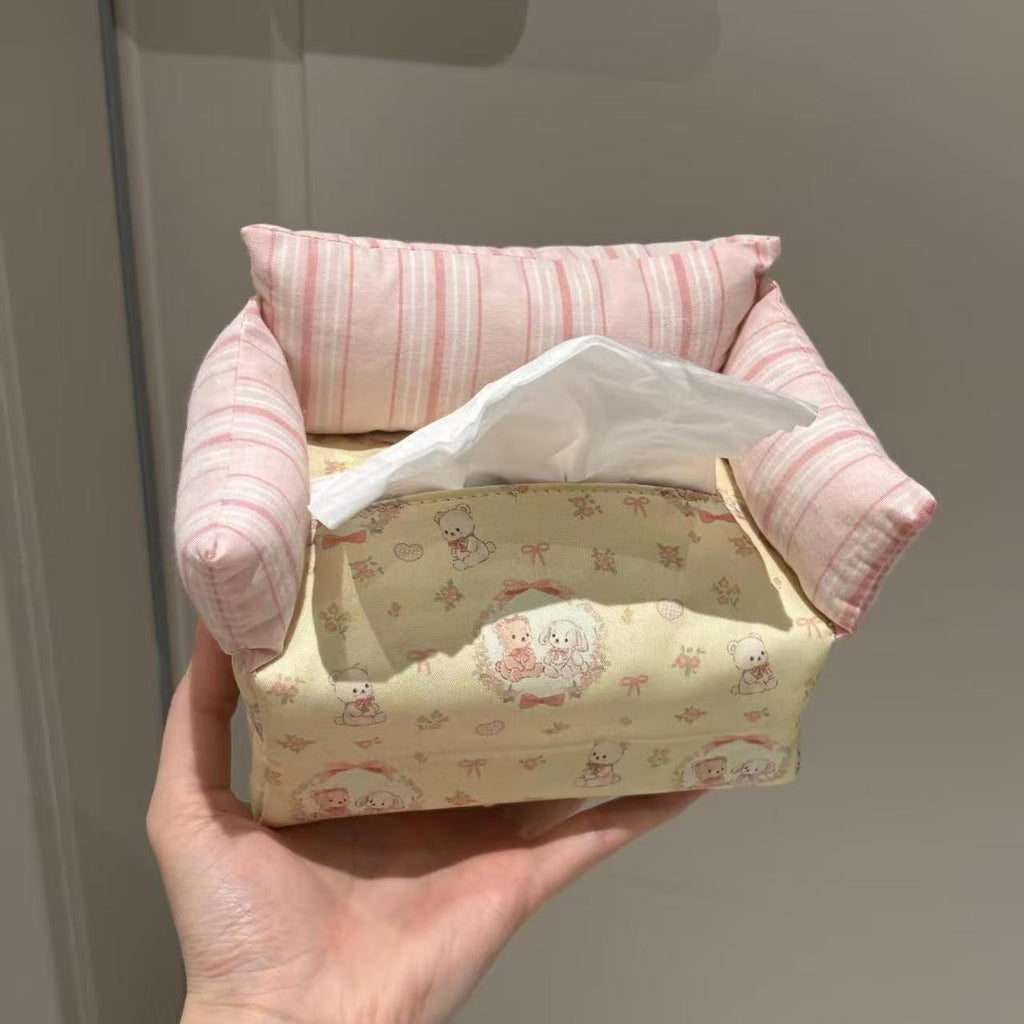 Mini Sofa Tissue Box Cover in Pink or Blue, Soft Floral Tabletop Tissue Holder for Cozy Living Rooms and Bedrooms