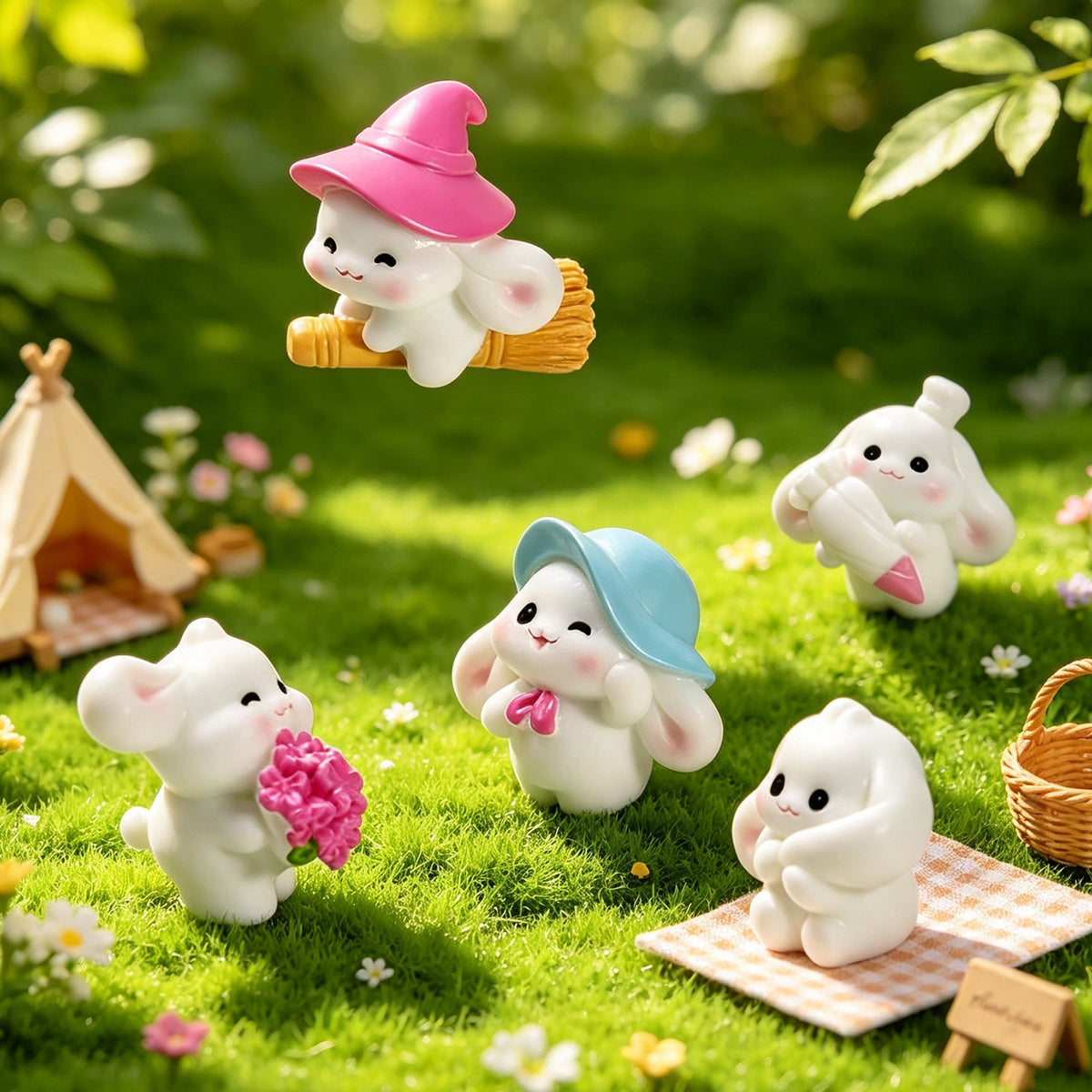 Spring Bunny Miniatures, Complete 10 Piece Rabbit Figurine Collection for Fairy Gardens, Desk Displays and Whimsical Gifts