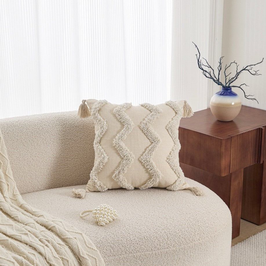 Neutral Tufted Pillow Cover, Textured 45 x 45 cm Cushion Case with Leaf, Wave and Tassel Designs for Cozy Sofas