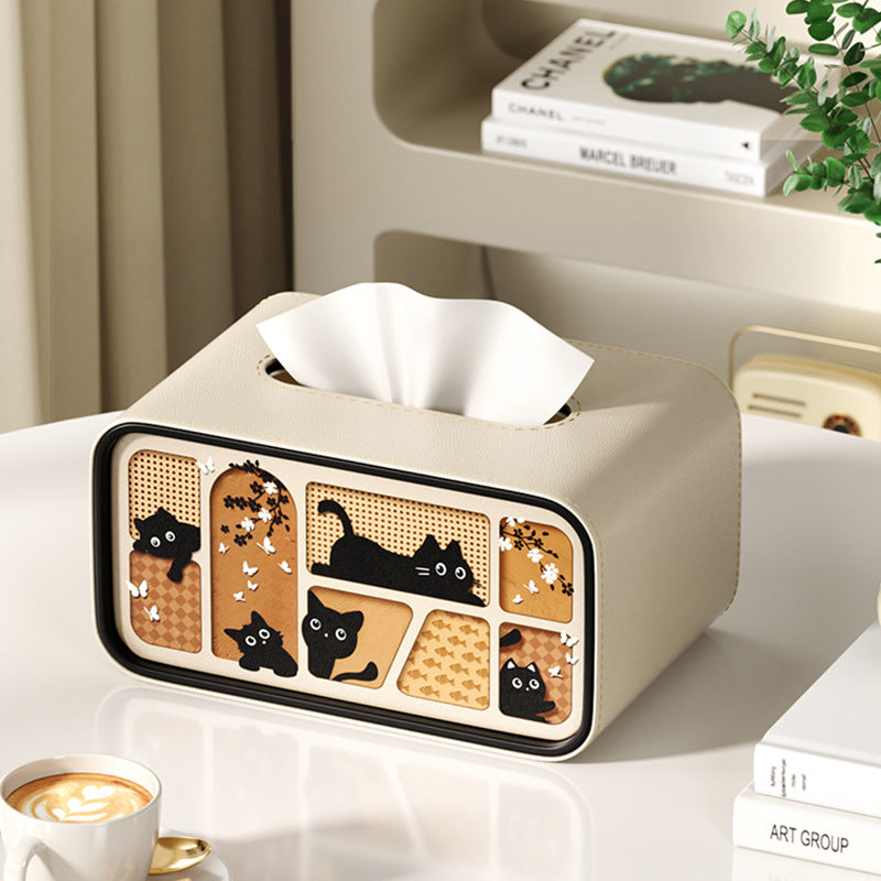 Cat Pattern Tissue Box Cover in Black, White or Cream, Decorative Rectangular Tissue Holder for Cozy Living Rooms, Bedrooms and Desks