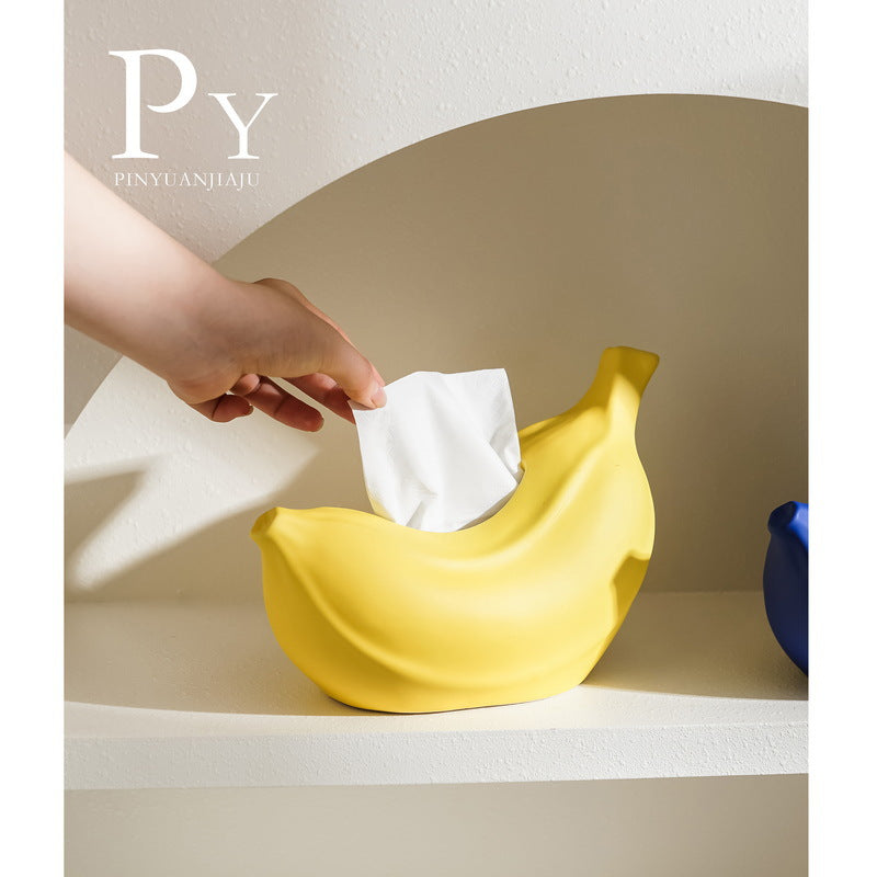 Playful Banana Tissue Box Cover, Sculptural Fruit-Shaped Tissue Holder in Original Yellow, Glossy Yellow or Blue for Modern Tables