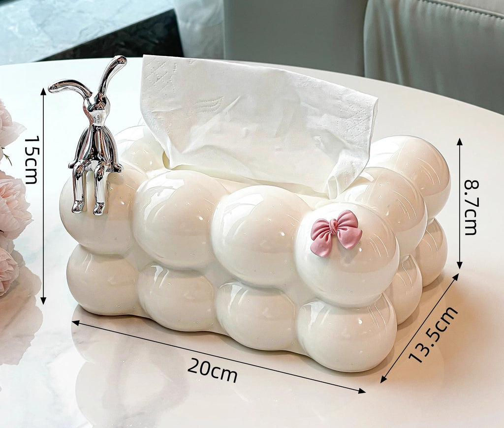 White Cloud Tissue Box Cover with Bow, Bunny Accent or Inner Spring Detail, Playful Tabletop Tissue Holder for Cozy Living Rooms and Desks