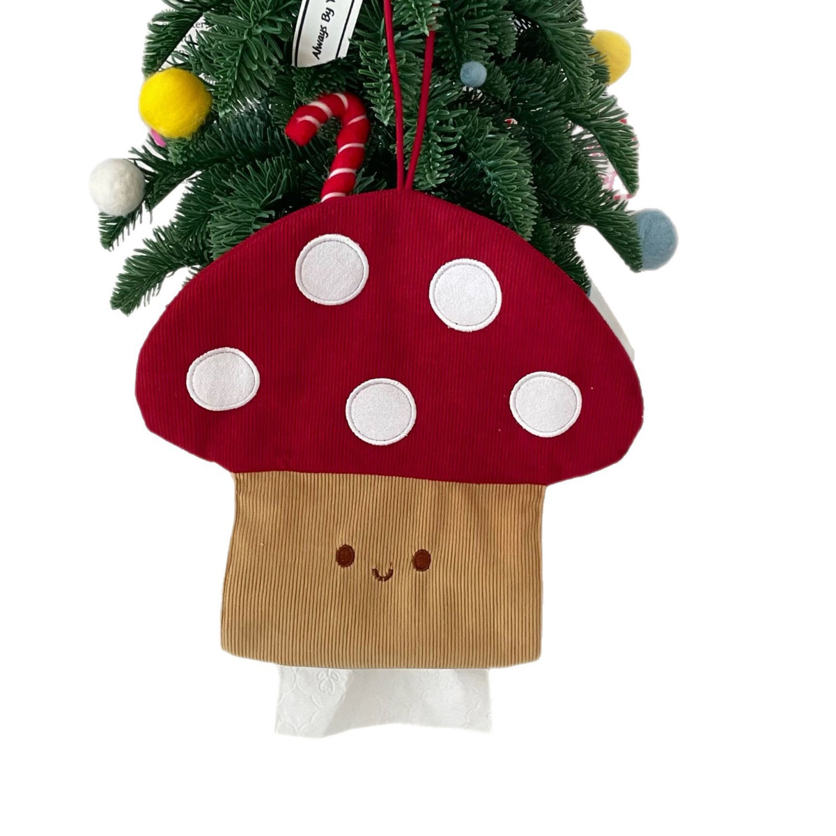 Mushroom Hanging Tissue Box Cover, Whimsical Red Toadstool Fabric Holder for Bedrooms, Living Rooms and Cozy Cottage Decor