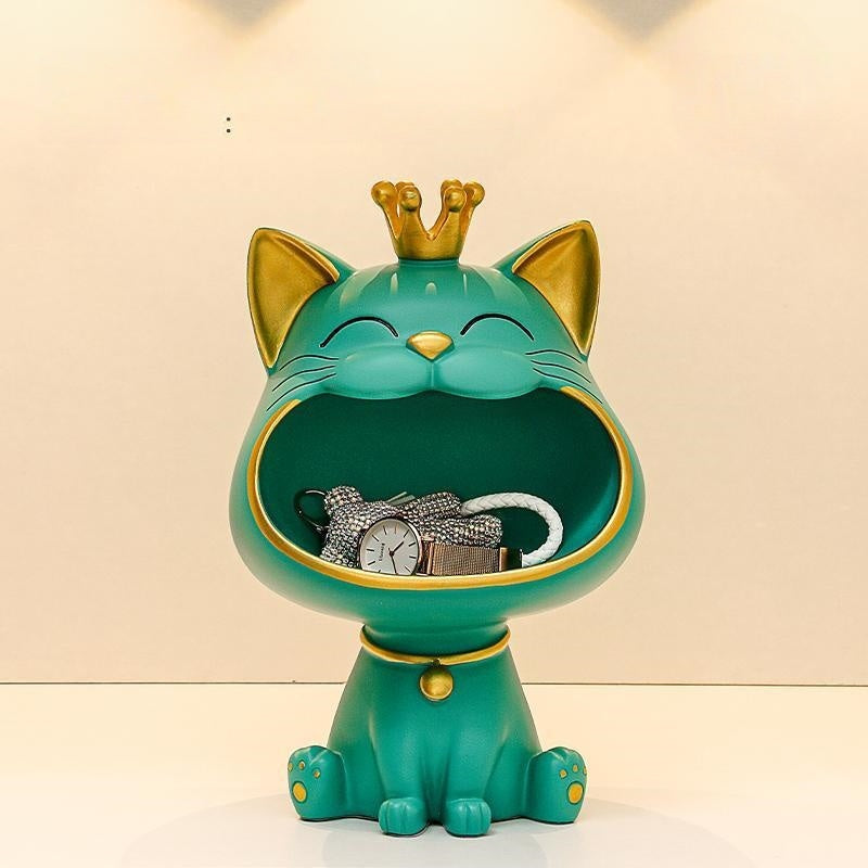 Crowned Cat Catchall Figurine, Playful Open Mouth Jewelry and Key Holder in Four Colors for Desks, Entryways and Gifts