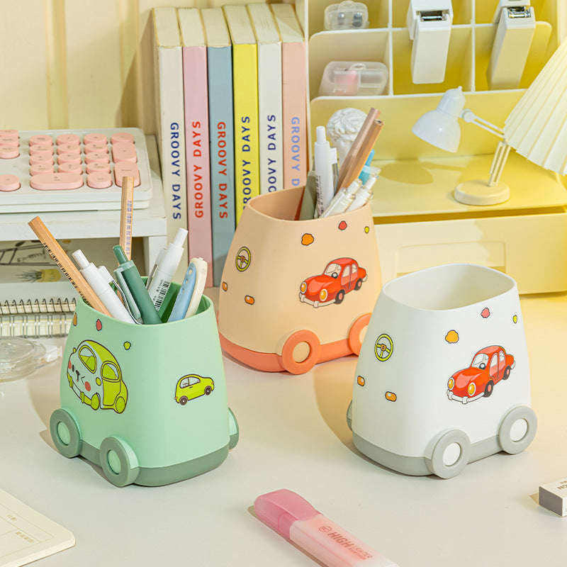 Playful Mini Car Pen Holder with Stickers, Desktop Pencil Cup and Small Stationery Organizer in Four Colors
