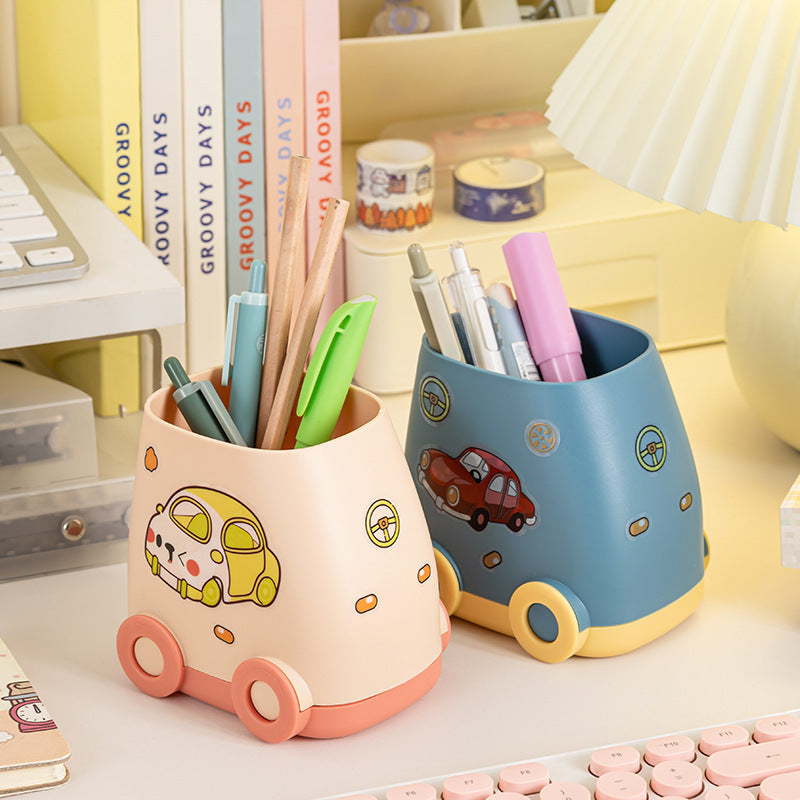 Playful Mini Car Pen Holder with Stickers, Desktop Pencil Cup and Small Stationery Organizer in Four Colors
