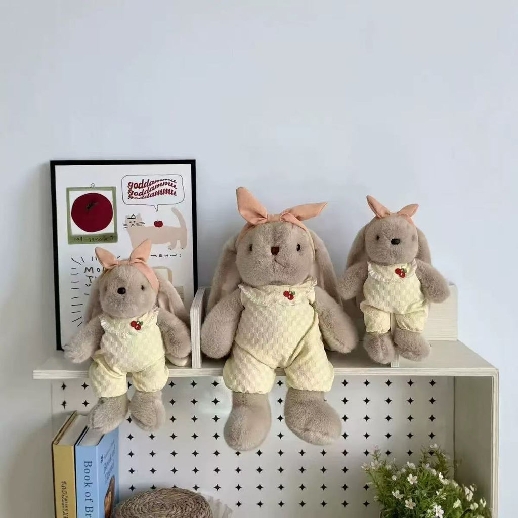 Dress-Up Bunny Plush Toy, 25 or 30 cm Soft Rabbit in Pink Dress, Blue Checks or Playful Overalls for Cozy Gifts