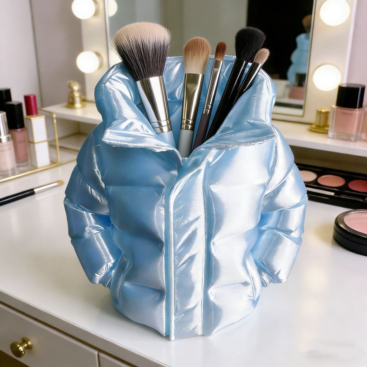 Puffer Jacket Pen Holder, Playful Quilted Coat Pencil Cup for Desks in White, Black, Pink, Purple or Blue