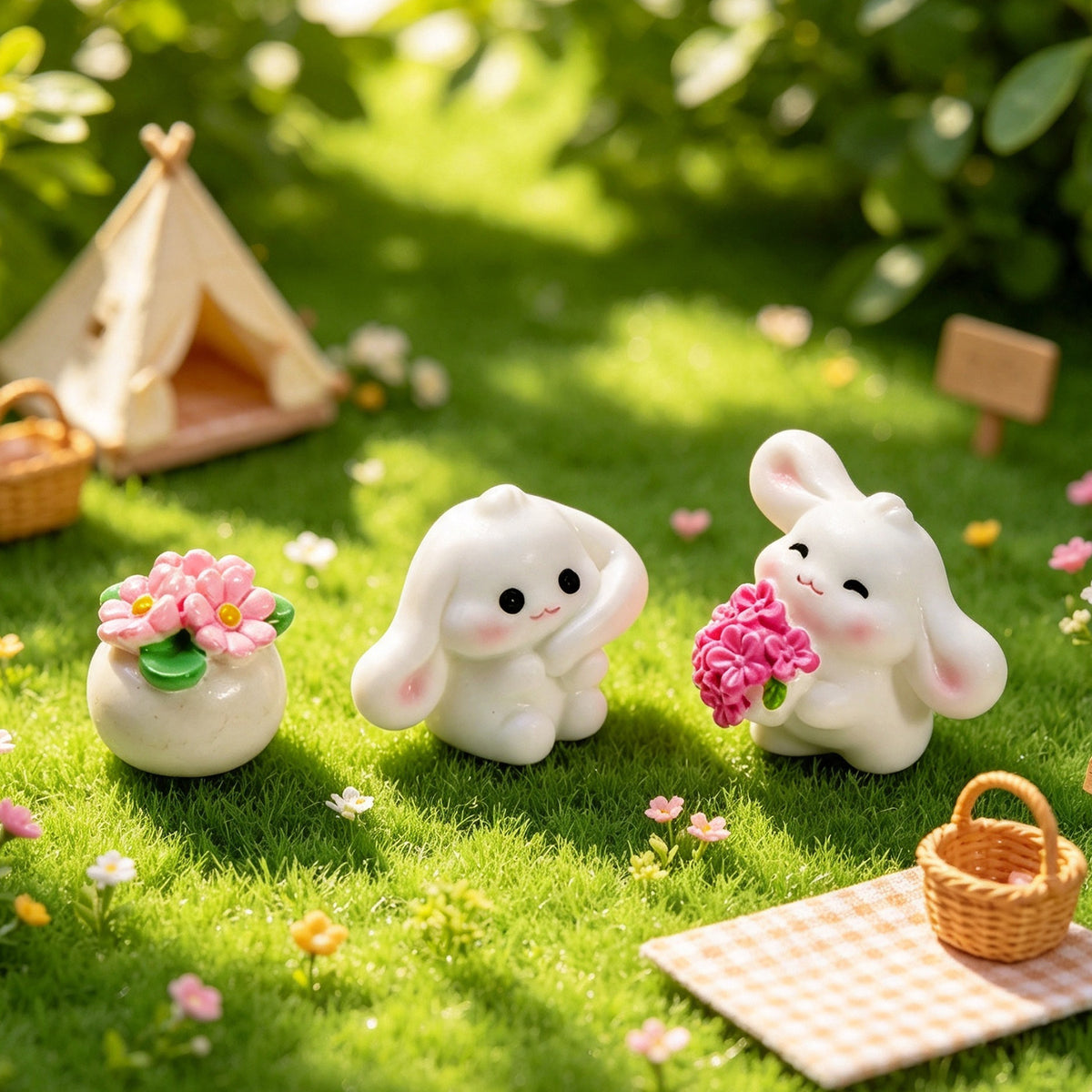 Spring Bunny Miniatures, Complete 10 Piece Rabbit Figurine Collection for Fairy Gardens, Desk Displays and Whimsical Gifts