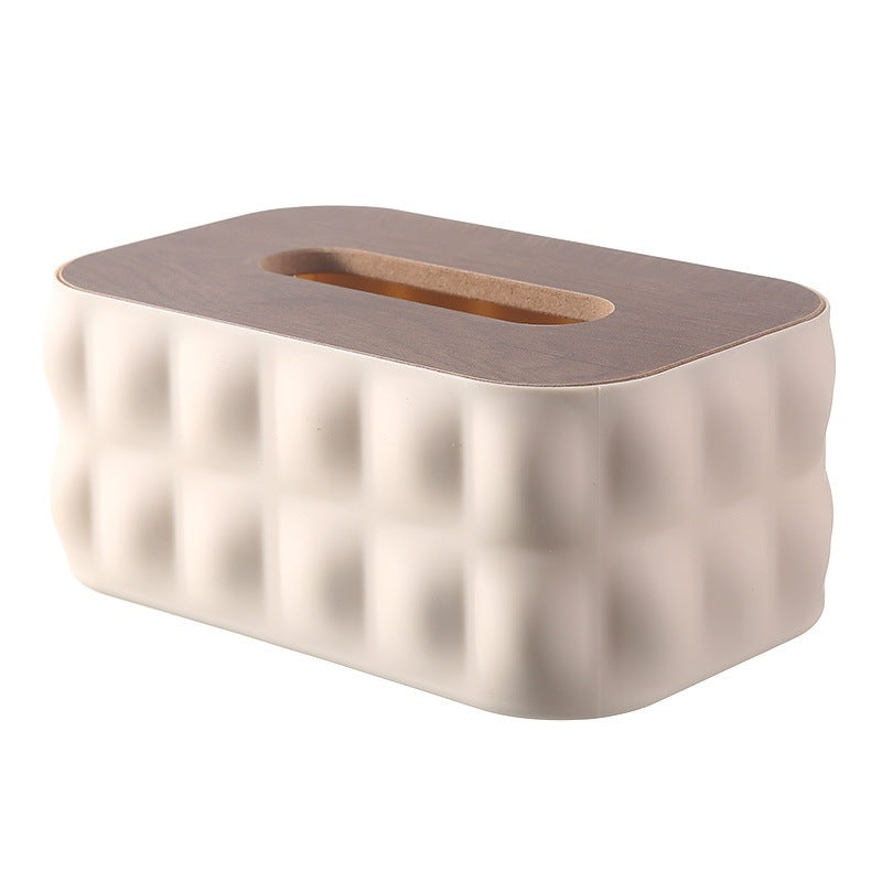 Decorative Tissue Box Cover with Wood-Look Lid, Quilted, Wave, Floral or Rounded Styles in Beige, White, Olive Green and Gray