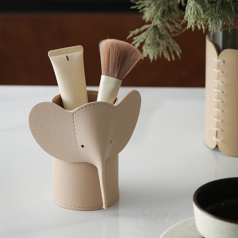 Elephant-Shaped Pencil Holder with Leather-Look Finish, Cute Desk Organizer in Five Colors for Pens and Brushes