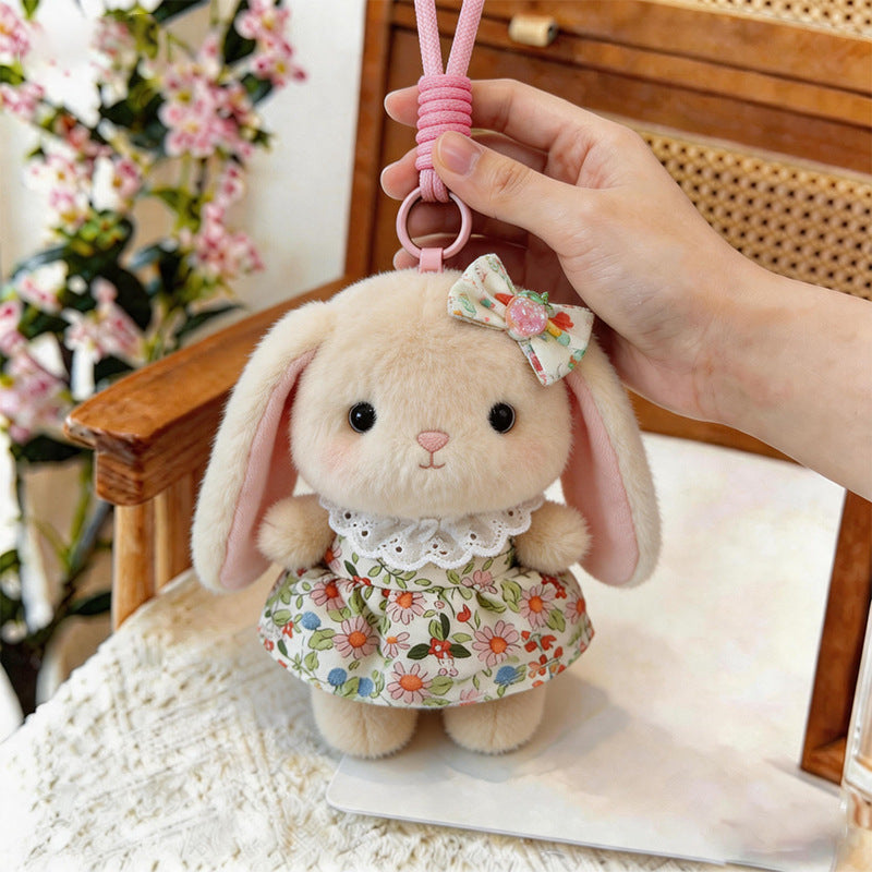 Strawberry Dress Bunny Plush Bag Charm, 12 or 16 cm Long-Eared Rabbit in Pink or Brown for Backpacks, Desks and Sweet Little Gifts