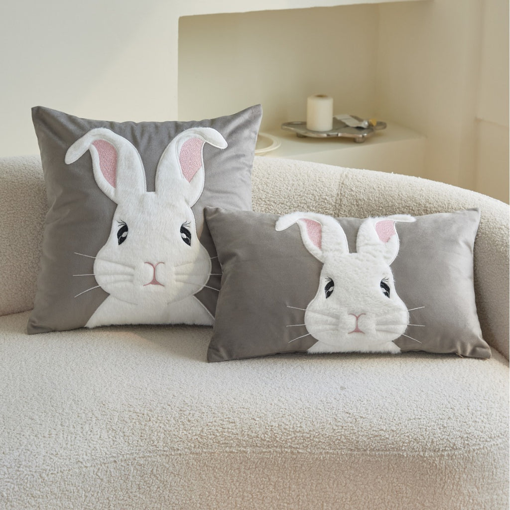 Embroidered Bunny Pillow Cover in Beige, Gray or Pink | Soft Rabbit Cushion Cover for Cozy Sofas, Beds and Nursery Decor