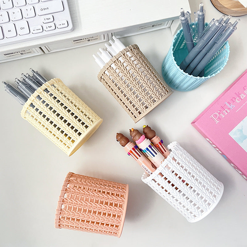Woven-Look Openwork Pencil Holder, Lightweight Desk Cup in Five Colors for Pens, Markers and Cozy Workspace Decor