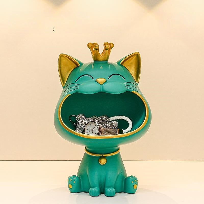 Crowned Cat Catchall Figurine, Playful Open Mouth Jewelry and Key Holder in Four Colors for Desks, Entryways and Gifts