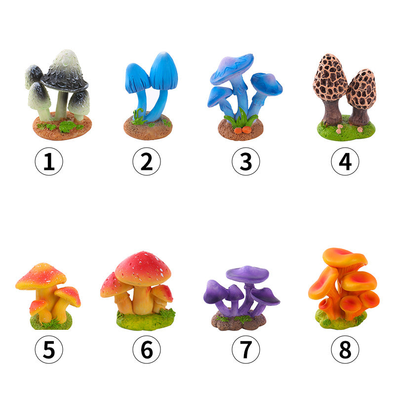 Woodland Mushroom Figurine Set of 8, Colorful Tiny Fungi for Desk Displays, Fairy Gardens and Miniature Scenes