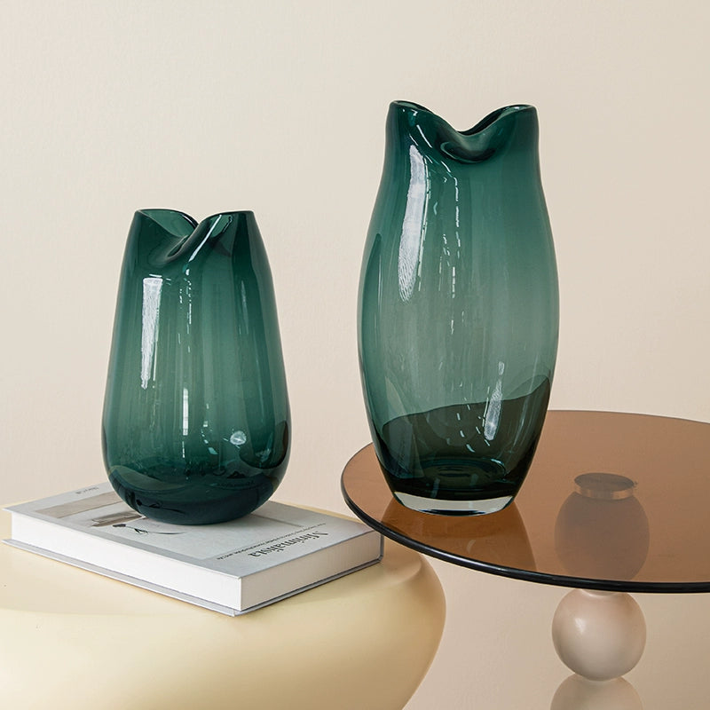 Blue handmade transparent fish mouth glass vase