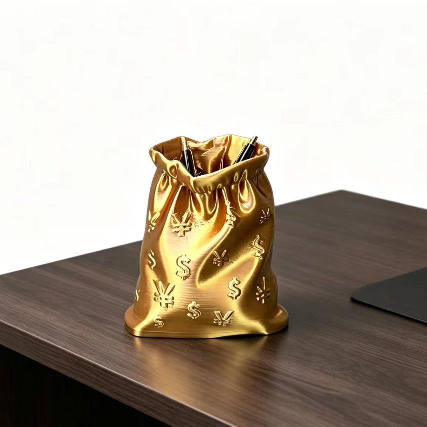 Sculptural Money Bag Pen Holder in Gold or Silver, Large Desk Organizer for Pens, Brushes and Playful Workspaces