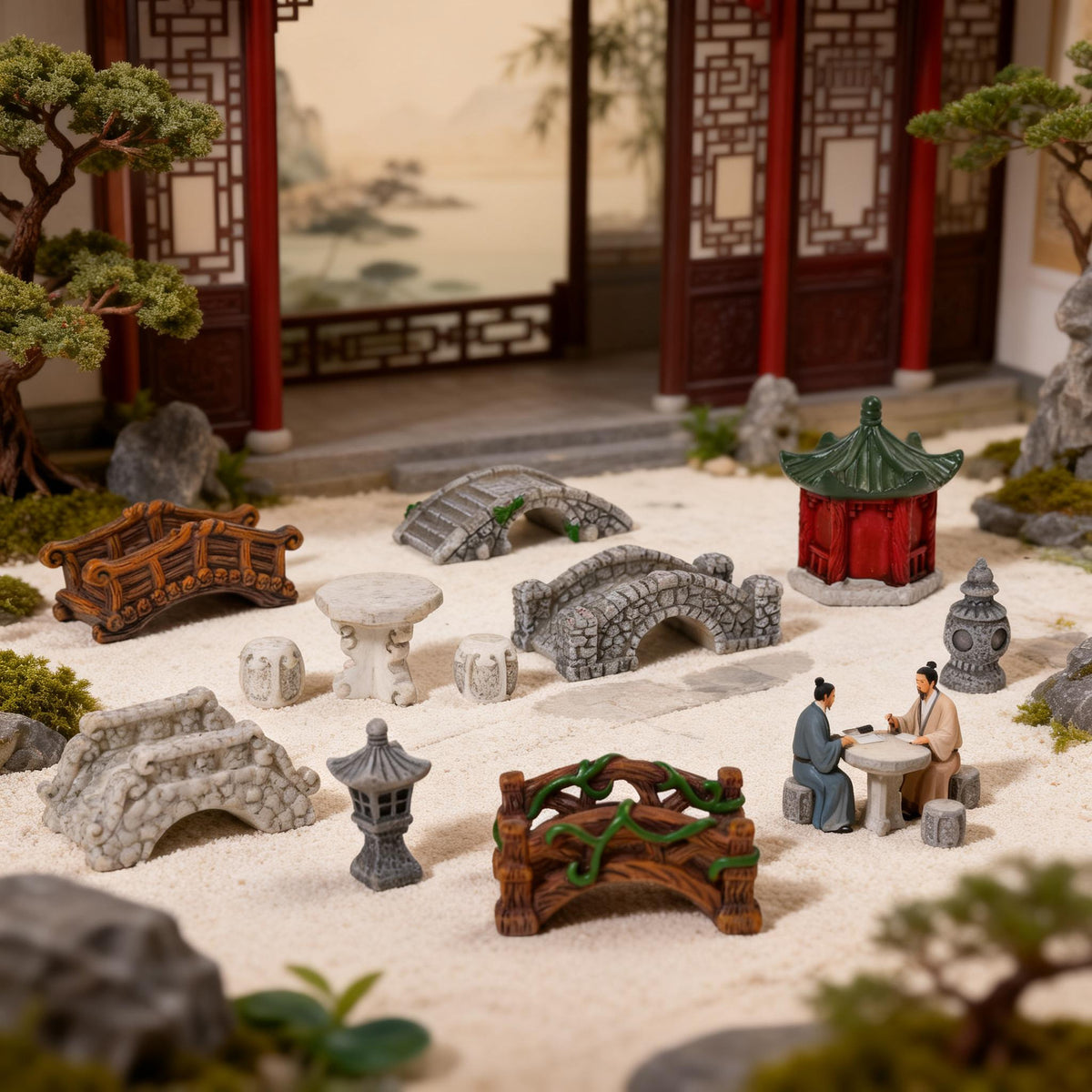 Miniature Garden Bridge and Pavilion Set of 11, Tiny Stone Lantern Bridges and Courtyard Accents for Desk Displays