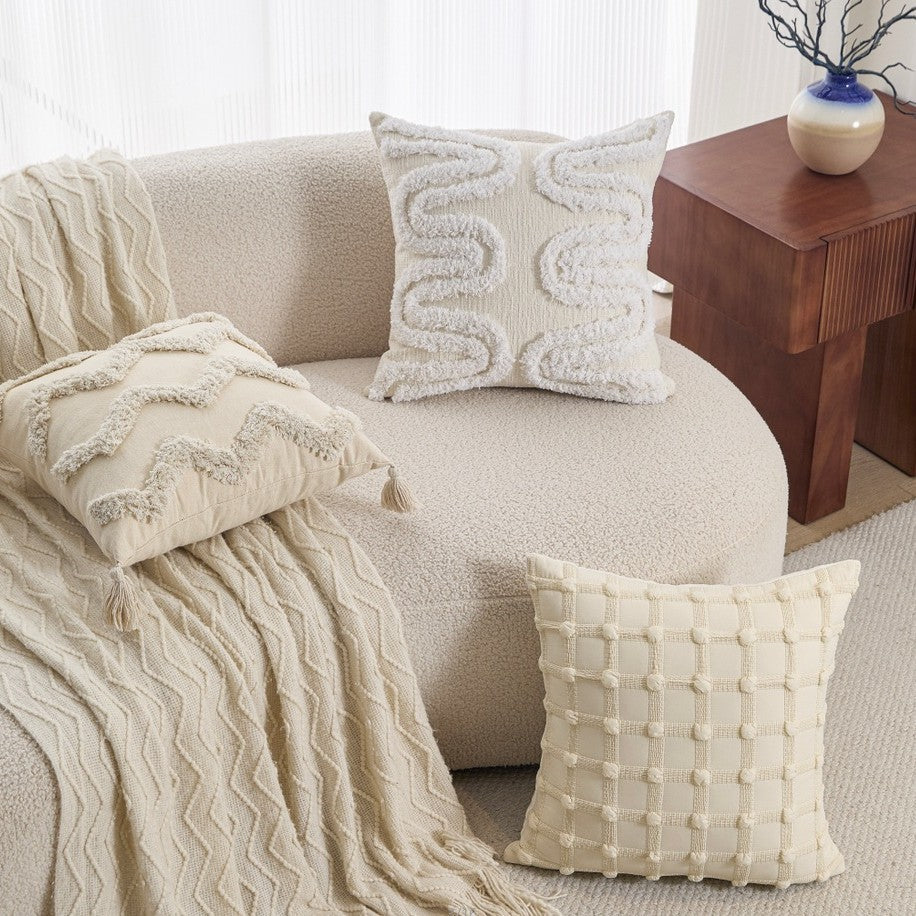 Neutral Tufted Pillow Cover, Textured 45 x 45 cm Cushion Case with Leaf, Wave and Tassel Designs for Cozy Sofas