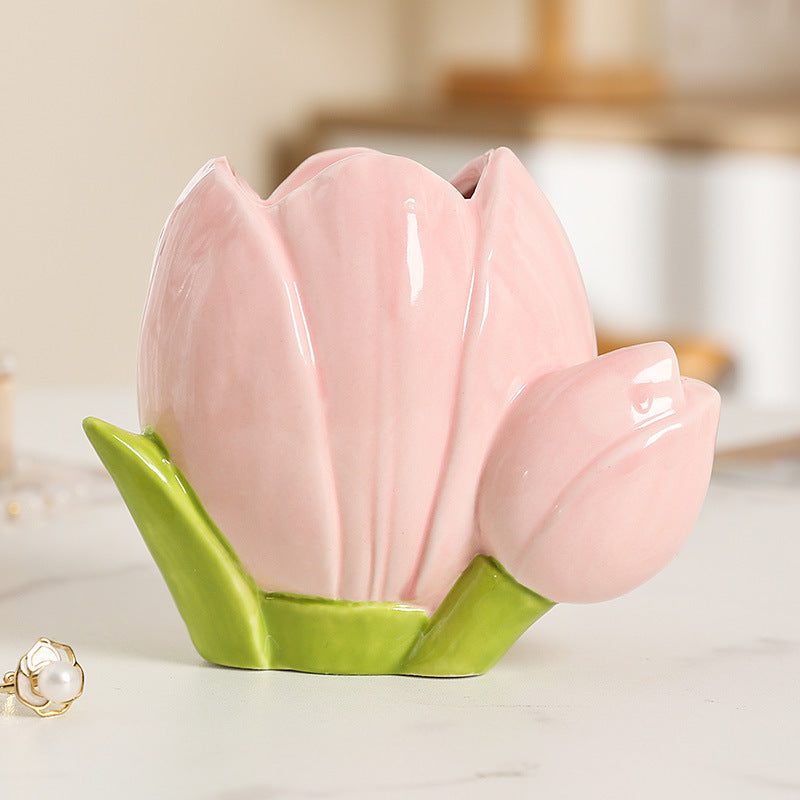 Ceramic Tulip and Flower Pen Holder, Pink or Yellow Floral Desk Cup for Brushes, Pens and Cheerful Workspaces