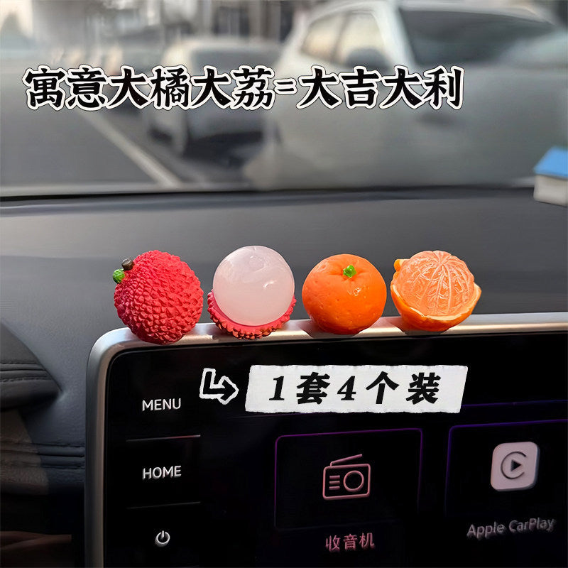 Whimsical Mini Fruit Car Accent Set of 4, Playful Lychee and Orange Dashboard Figurines for a Cheerful Drive