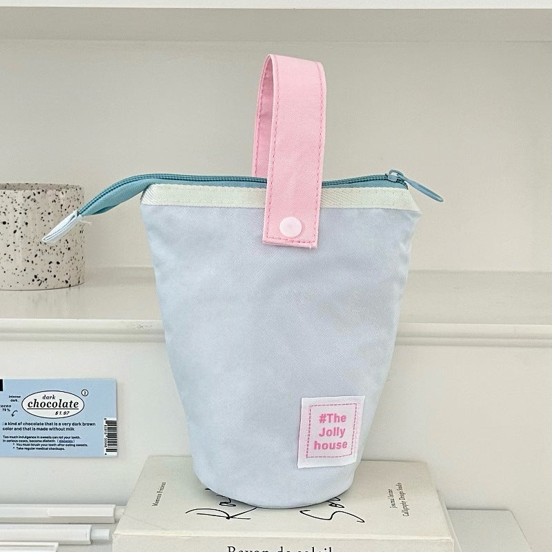 Pastel Stand-Up Canvas Pencil Case and Desk Pen Holder, Zippered Stationery Pouch for Students and Creative Workspaces