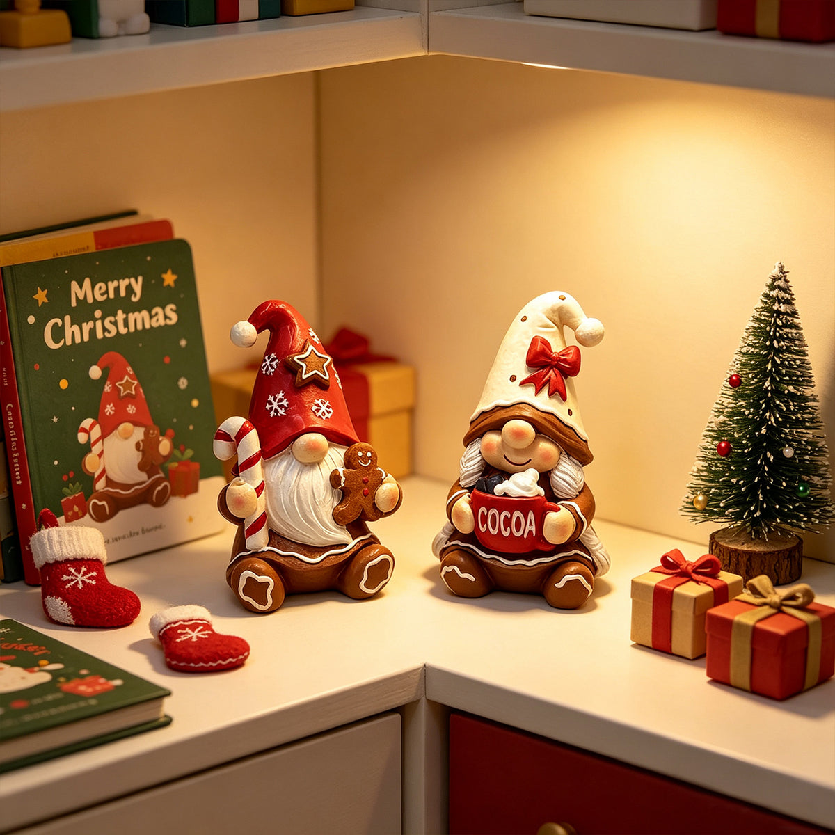 Whimsical Christmas Gnome Figurines, Gingerbread Pair or Festive Santa Accent for Cozy Desks, Mantels and Holiday Gifts
