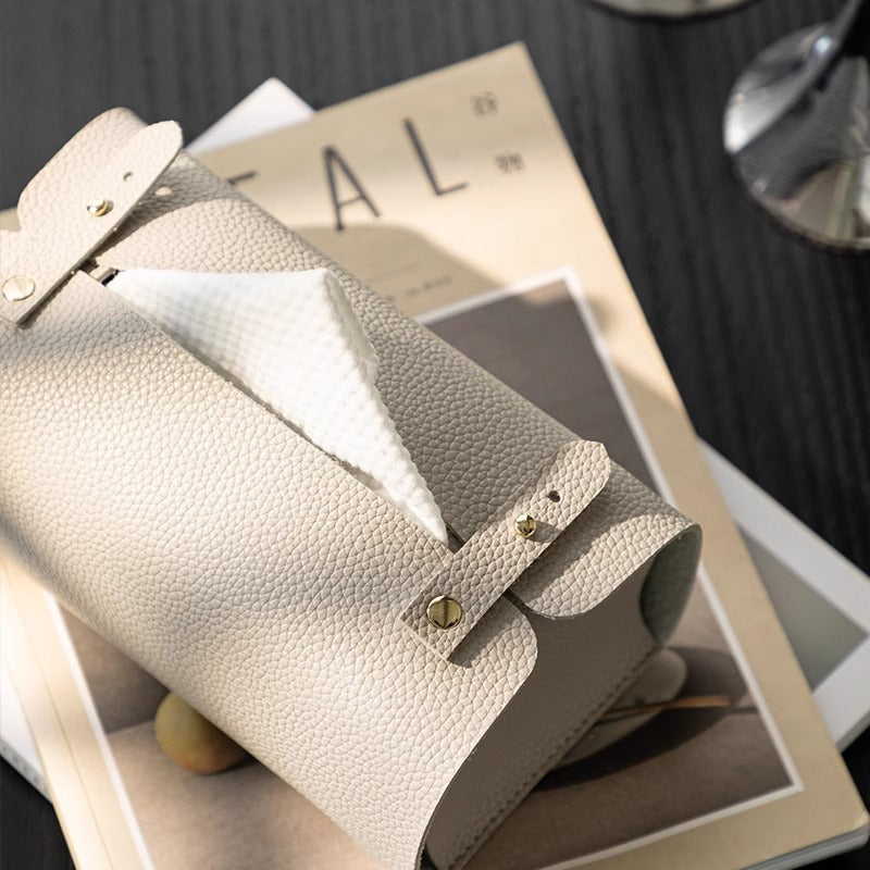 Modern Leather-Look Tissue Box Cover with Handle, Minimalist Tabletop Tissue Holder in Honey Brown, Coffee Gray or Mousse Gray for Living Rooms and Desks