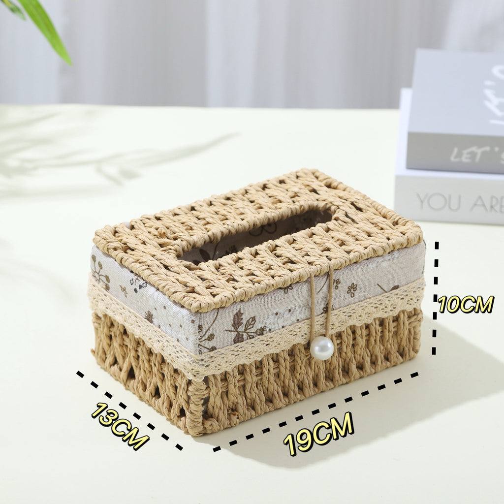 Woven Tissue Box Cover in Natural or Chestnut, Beaded and Button Styles in Medium or Large for Cozy Living Rooms and Desks